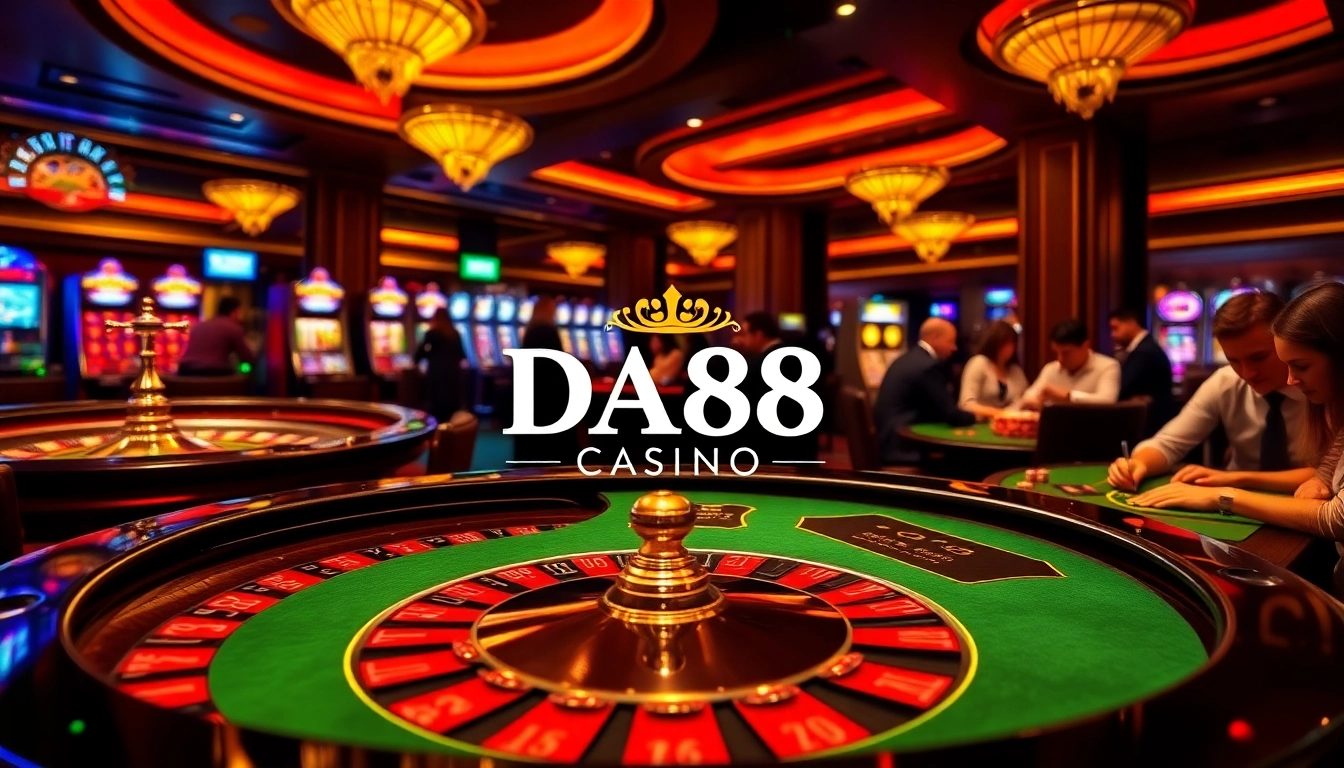 Experience the thrill of DA88 Casino with players enjoying poker and roulette in a luxurious setting.