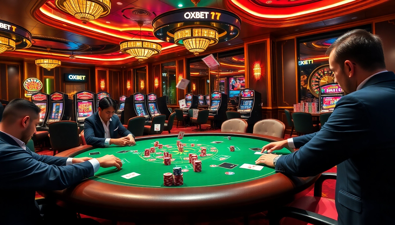Engage in thrilling poker action at OXBET casino with vibrant chips and intense players.