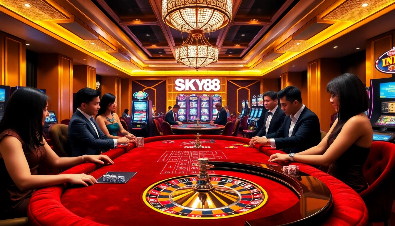 Experience the thrill of gambling at SKY88 Casino with vivid gaming tables and vibrant slot machines.