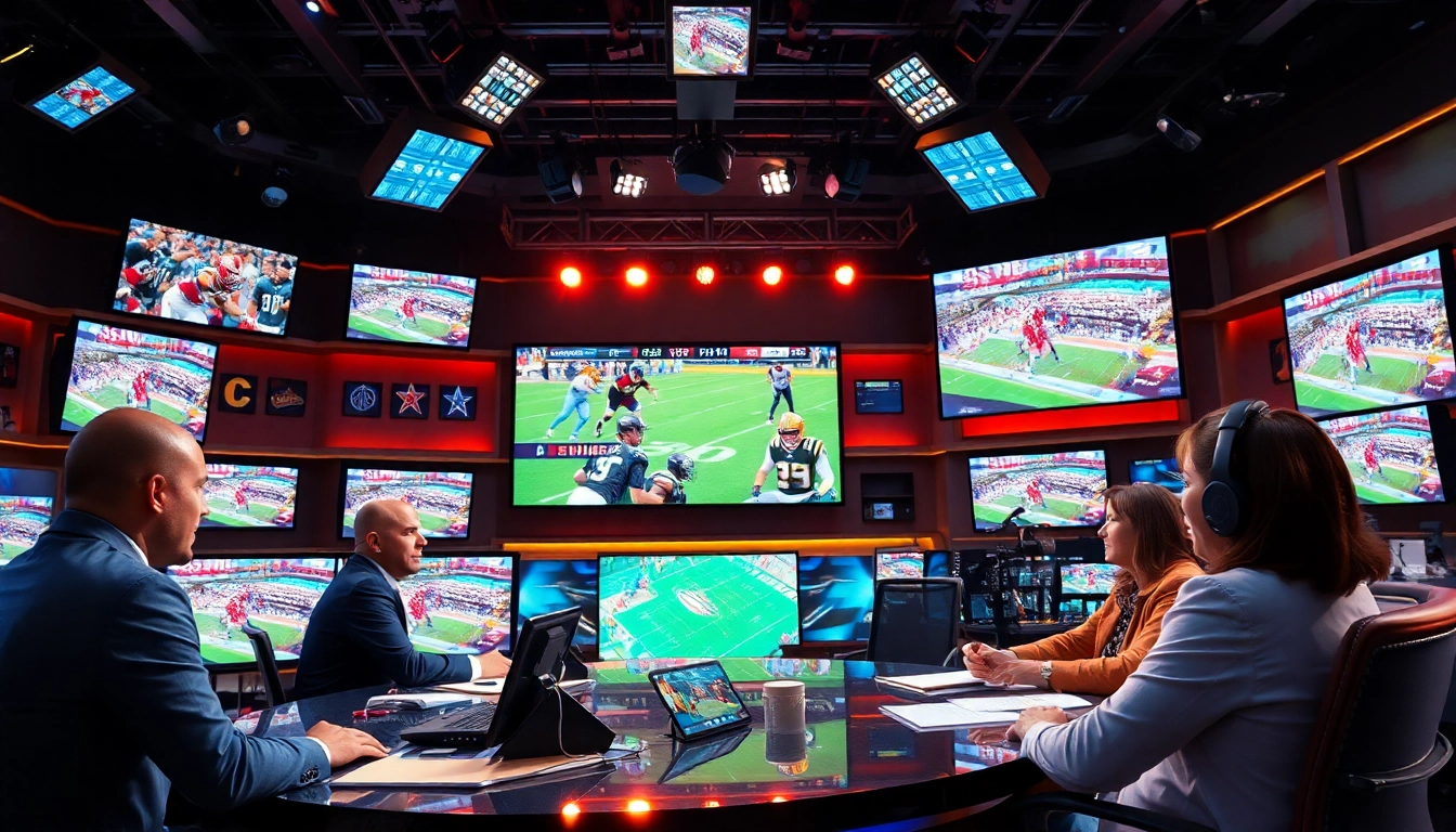 Engaging sports broadcasting studio featuring lively hosts and live game footage.