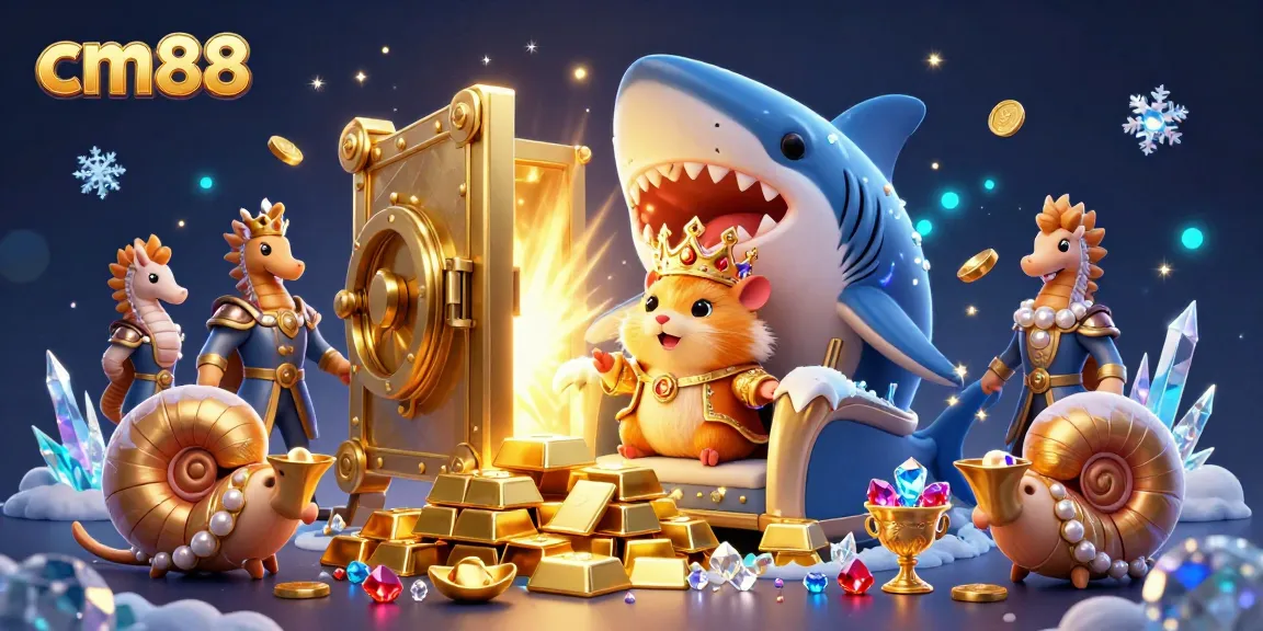 A golden hamster king on a megalodon throne symbolizes cm88's thrilling gaming experience with dynamic treasure elements.