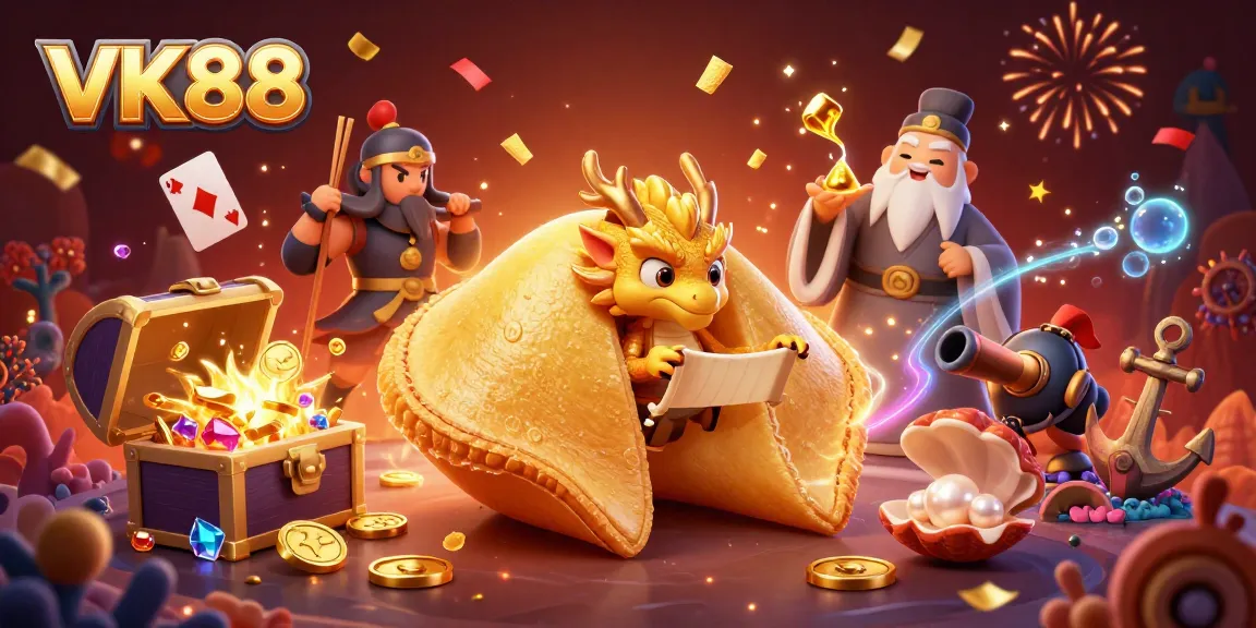 Join the fun at VK88, where the golden fortune cookie reveals winning treasures among vibrant casino elements.