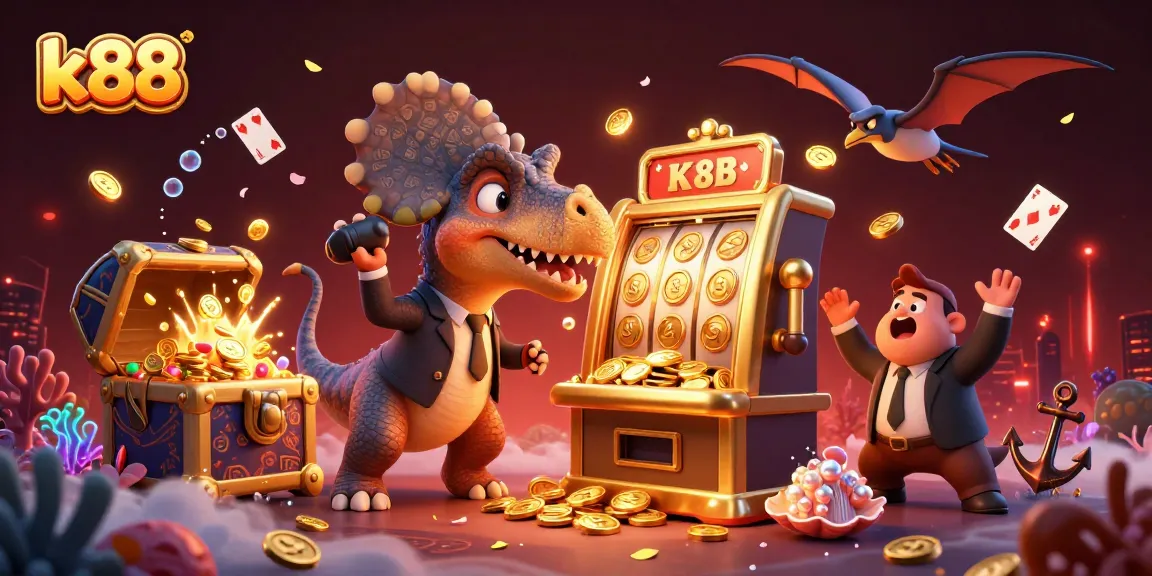 Join the excitement at k88 as our cartoon characters interact with the jackpot slot machine!