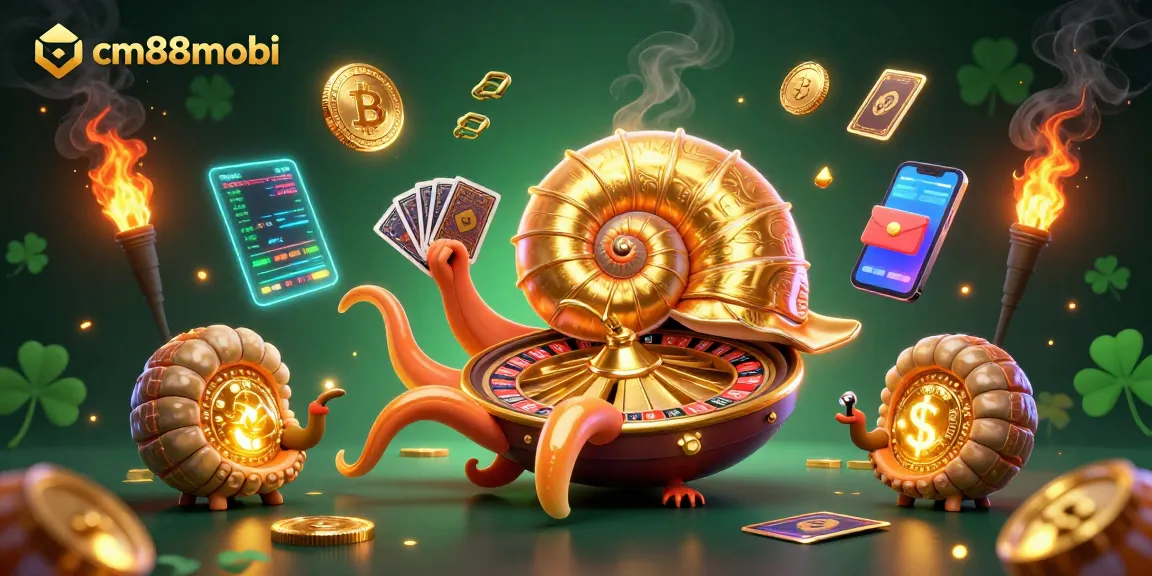 Bet on cm88mobi with a dynamic scene of a golden spiral shell roulette and vibrant gaming elements.
