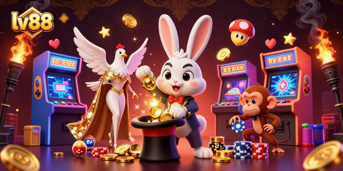 Experience the excitement of lv88 with a 3D magician rabbit and casino-themed characters.
