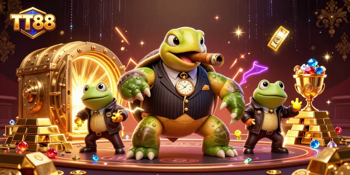 Play with TT88's animated casino scene featuring a mobster turtle and frog enforcers amidst treasures.
