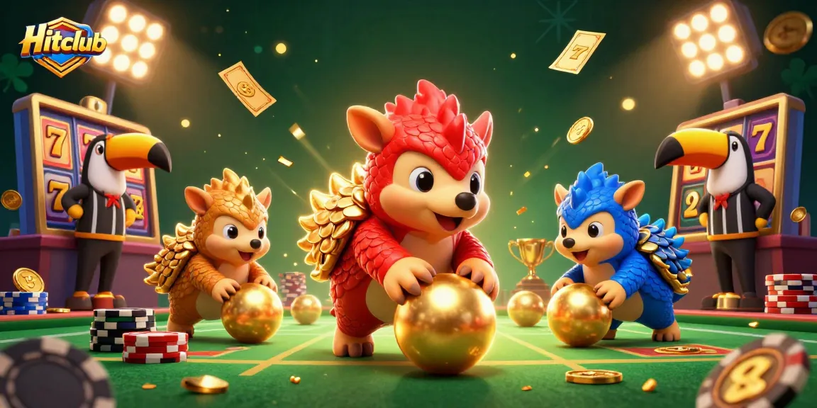 Hitclub pangolins compete with slot machines and jackpots in a vibrant casino scene.