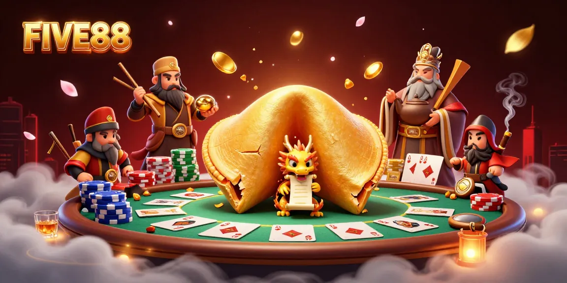 Engage in the thrilling world of FIVE88 with a vibrant casino scene featuring golden fortune elements.