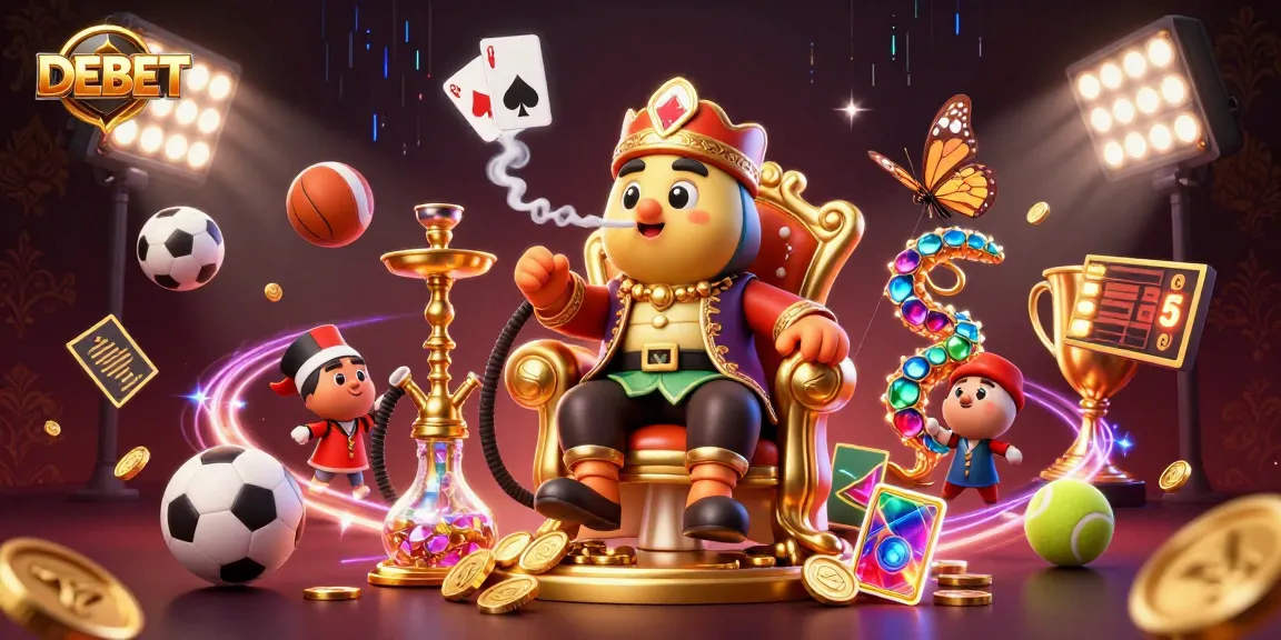 Engage with DEBET's vibrant sports betting world featuring a hookah-master, golden coins, and dynamic elements.