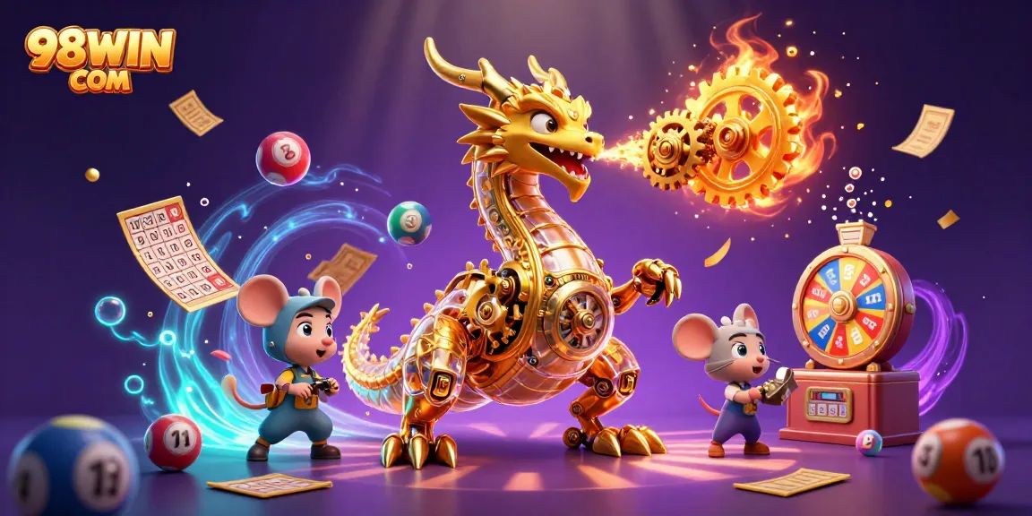 Engage with exciting gaming rewards at 98WIN COM featuring a golden dragon amidst vibrant casino elements.