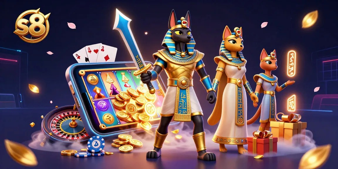 Win at S8 with ancient Egyptian characters amidst a vibrant casino scene full of games and excitement.