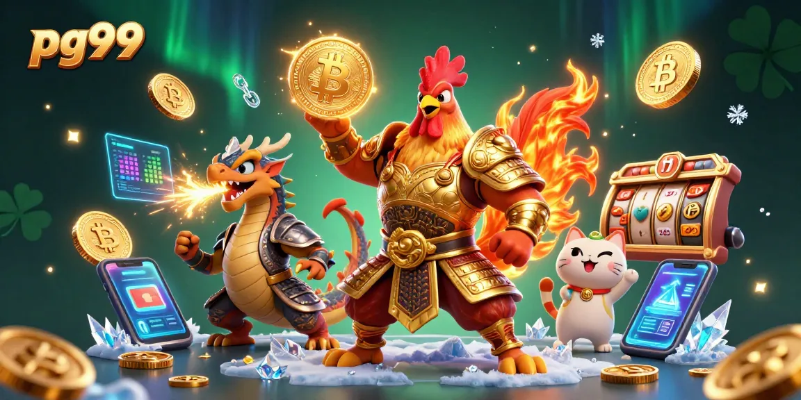 Experience thrilling gameplay at pg99 with an exquisite fighting rooster, armored dragon, and vibrant crypto icons.