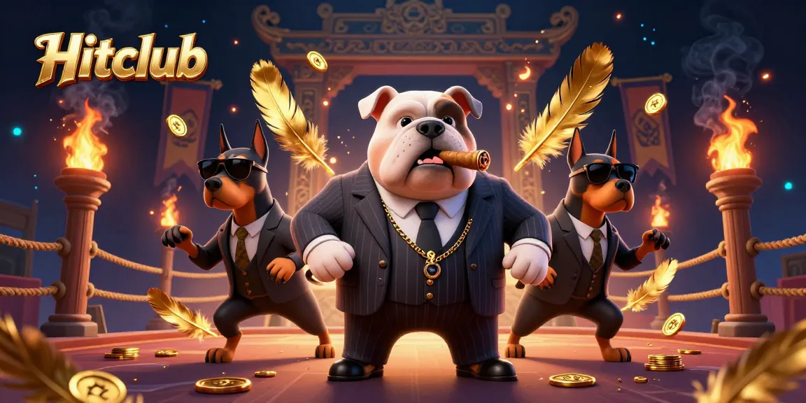 Engage with Hitclub's thrilling gaming experience featuring a cartoon mafia boss and bodyguards amid casino elements.