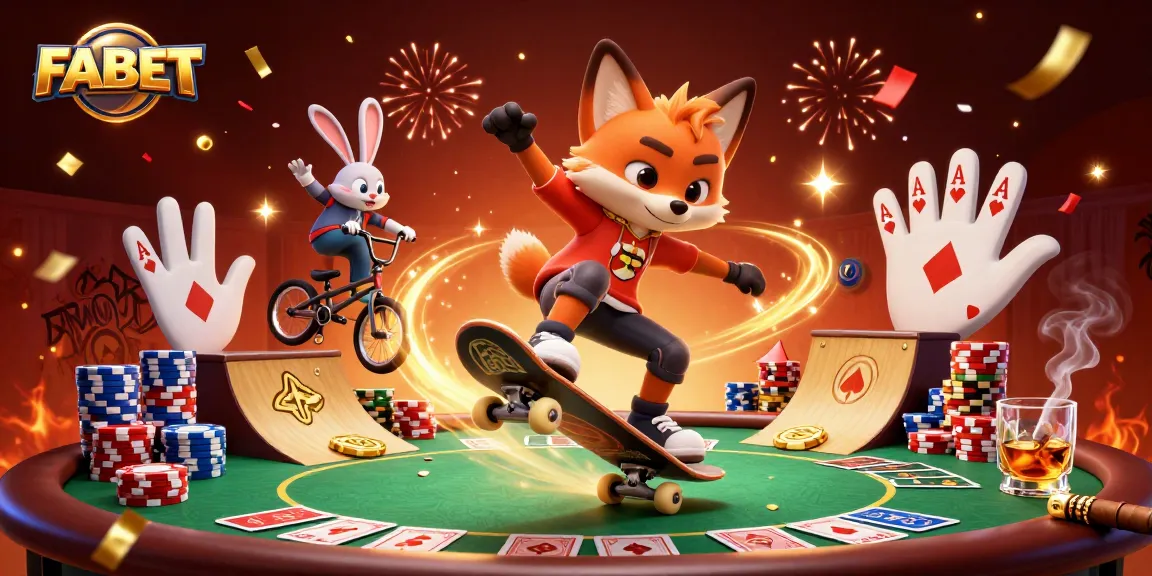Engage with FABET’s vibrant gaming experience featuring a fox and rabbit in a dynamic casino setting.