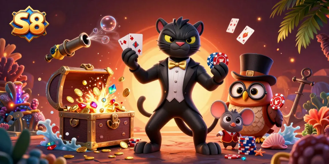 Experience exciting gaming at S8 with a stylish black panther dealer, owl, and lucky mouse in a vibrant casino scene.