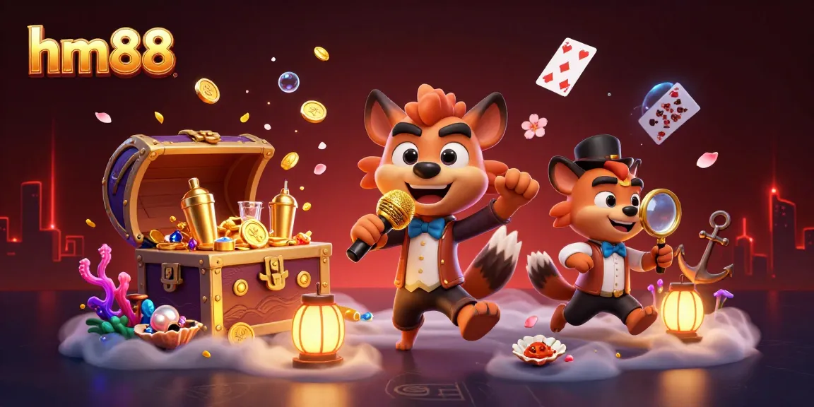 hm88 engages players at a vibrant casino scene with hyenas, jokes, and colorful game elements.