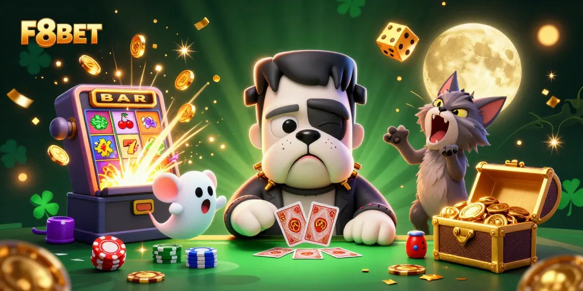 Experience F8BET's thrilling casino action with a whimsical 3D illustration featuring lively characters and game elements.
