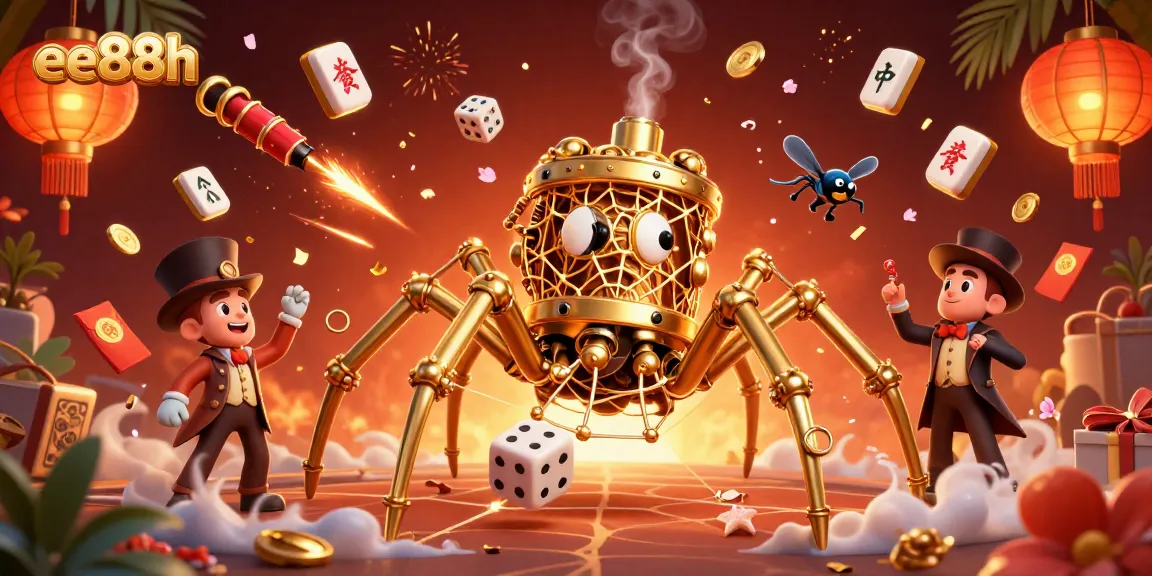 Capture the excitement of gambling at ee88h with a delightful 3D steampunk scene depicting a golden spider, poker chips, and floating mahjong tiles.