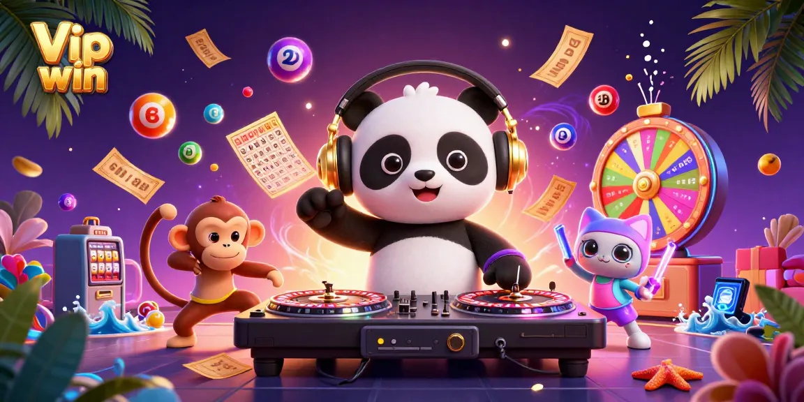 Engage with exhilarating gaming action at Vip win with DJ panda, a breakdancing monkey, and festive elements.