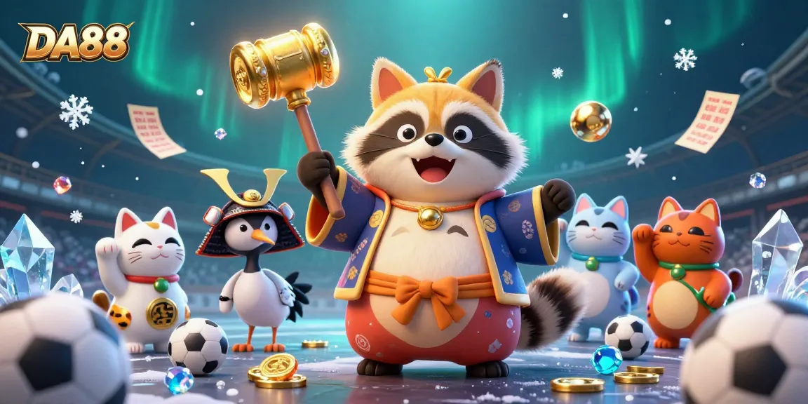 Engage with DA88's exciting sports betting scene featuring a cheerful tanuki and lucky elements.