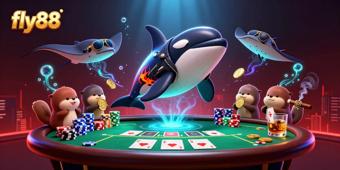 Experience thrilling poker action with fly88 as sea creatures celebrate wins with golden coins.