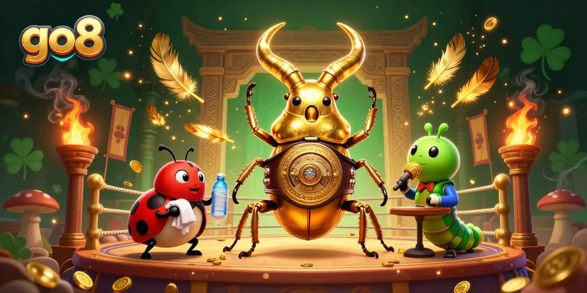 Experience thrilling action with go8's giant stag beetle boxing champion in this vibrant casino illustration.